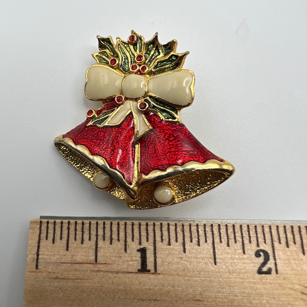 Vintage Christmas Bell Brooch Red and White Enamel Gold Tone Holiday Pin
